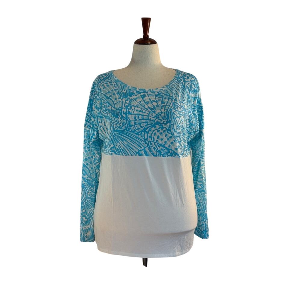 Lilly Pulitzer Finn Cotton T-Shirt Top 3/4 Slv Succulent Blue Sea Cups Shells S
